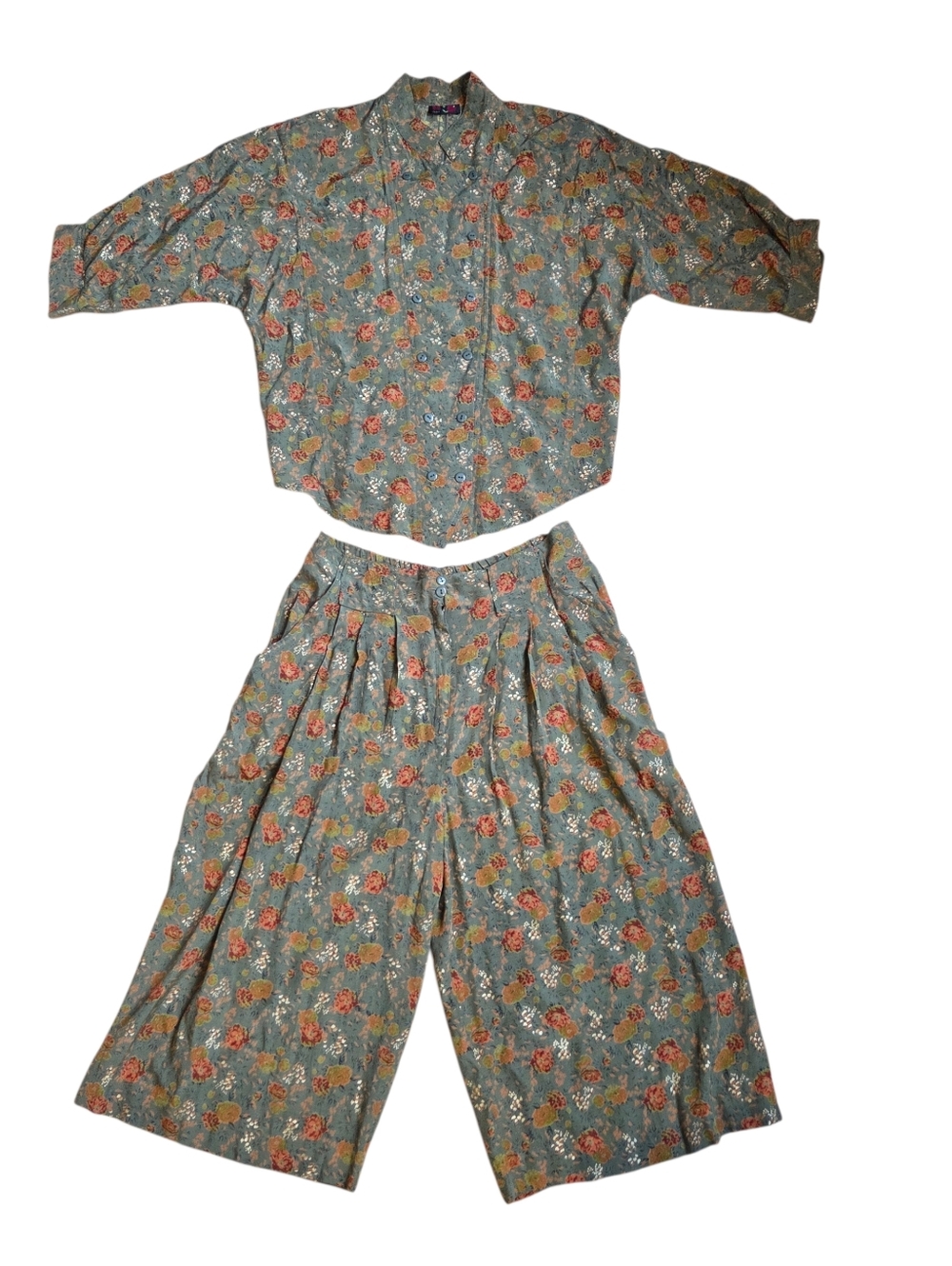 Vintage 80s Green And Orange Floral 2 Piece Summer Short Set Size Large